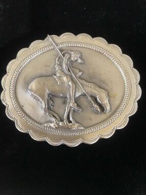 Western Buckle with Cowboy and Horse Motif - Silver Tone